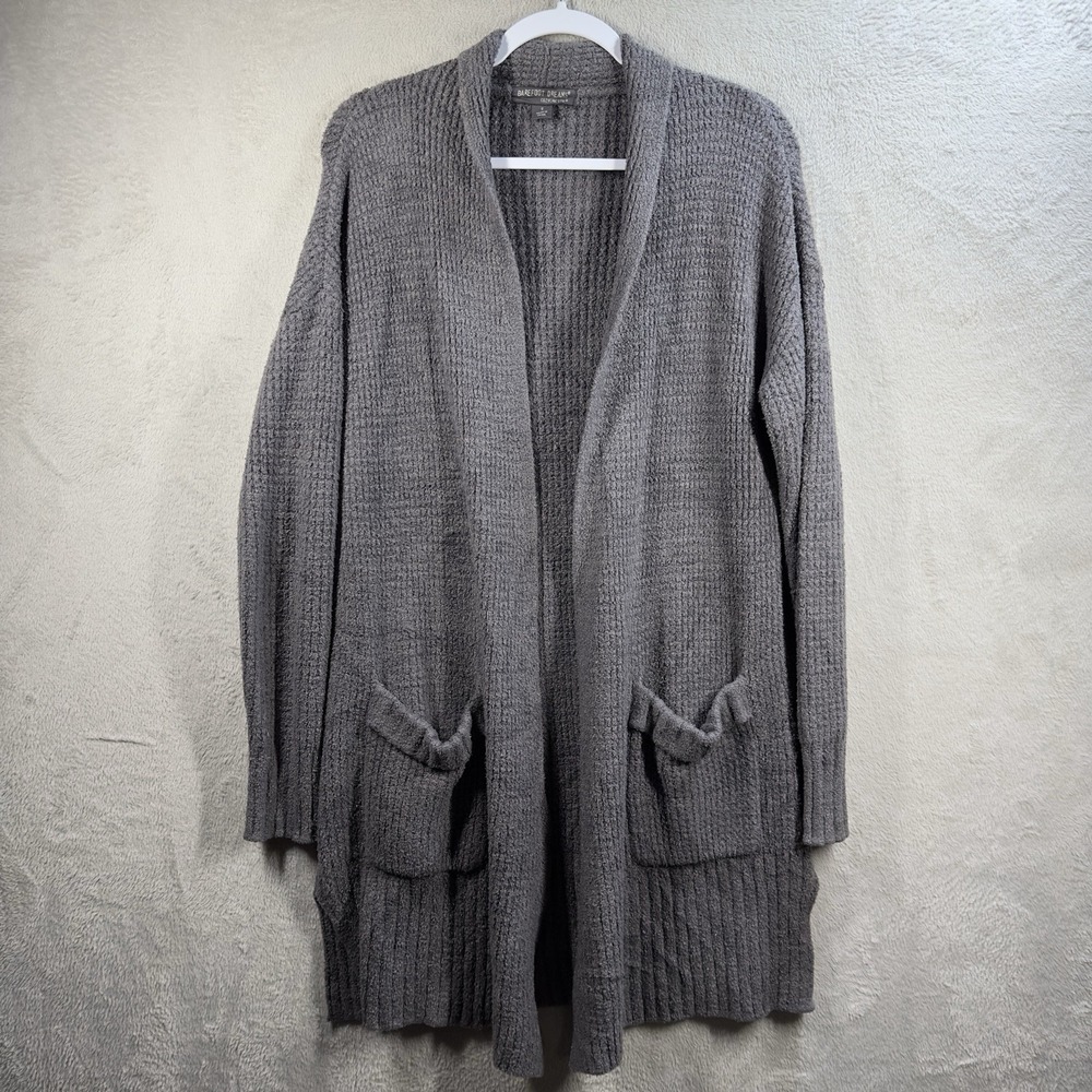 Barefoot Dreams CozyChic Lite Women Long Weekend Cardi‎ Size S Gray Waffle Knit